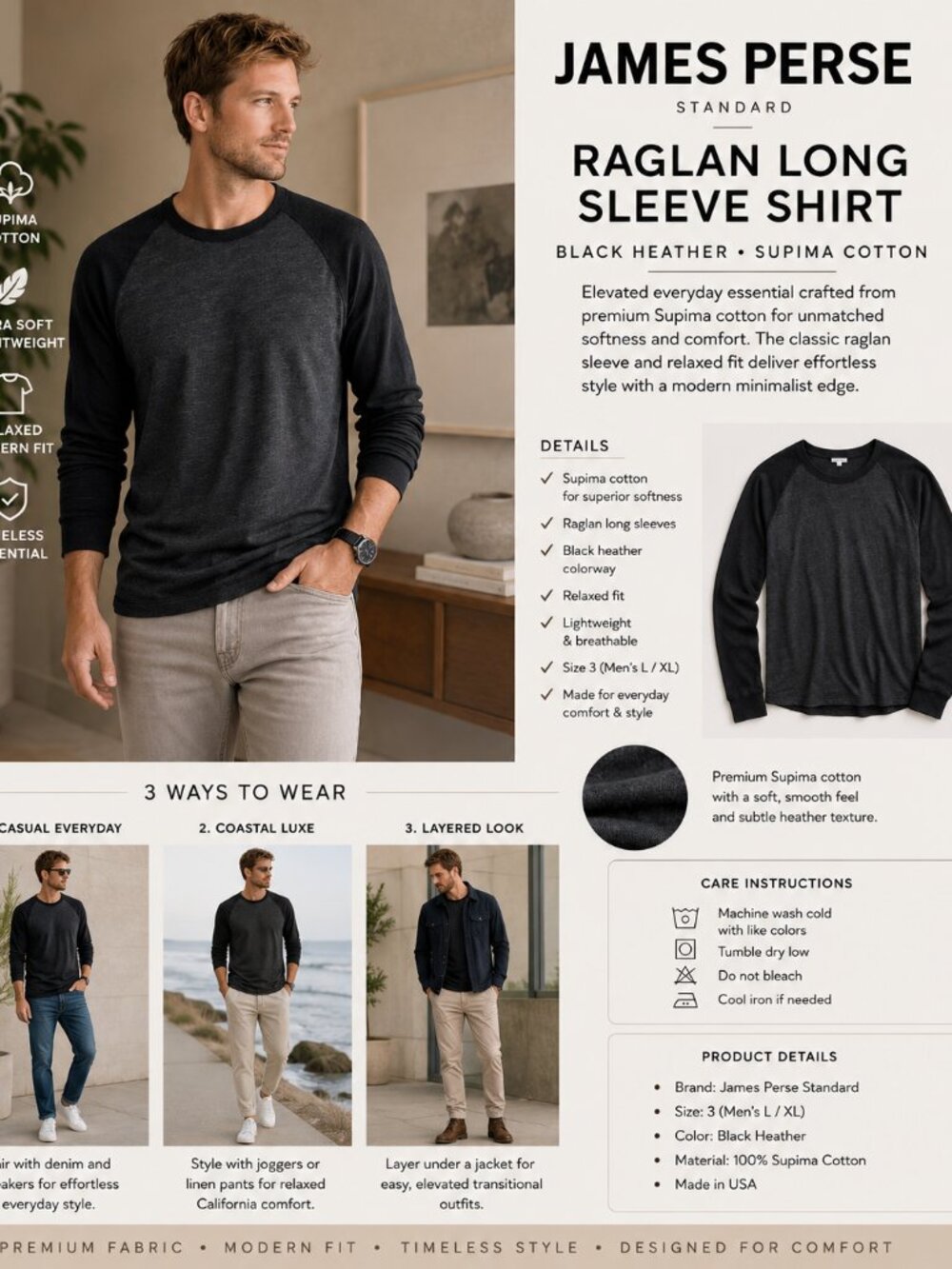 James Perse Standard Raglan Shirt Mens L Black Heather Supima Cotton Tee